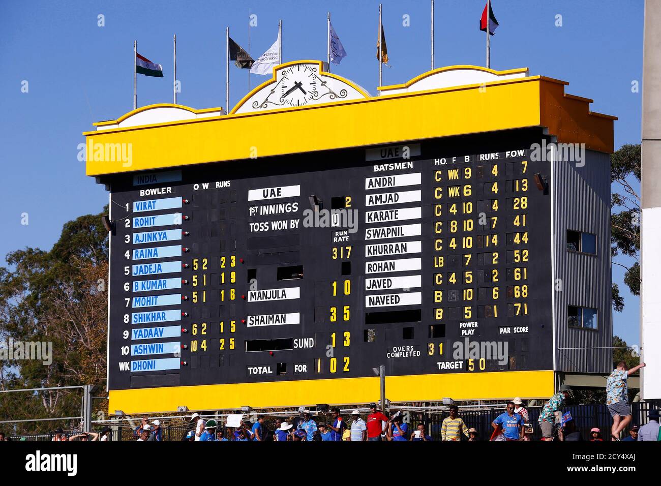 A traditional cricket scoreboard at the WACA ground shows the 102 runs scored by the United Arab Emirates team against India, the lowest score against India in world cups, at their Cricket World Cup match in Perth February 28, 2015.  REUTERS/David Gray (AUSTRALIA - Tags: SPORT CRICKET) Stock Photo