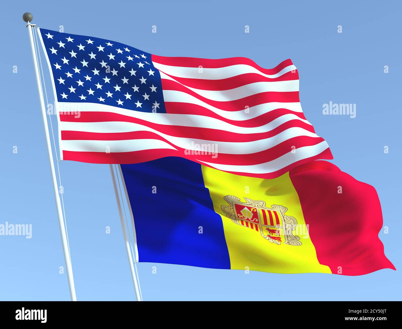 Two waving state flags of United States and Andorra on the blue sky. High - quality business background. 3d illustration Stock Photo