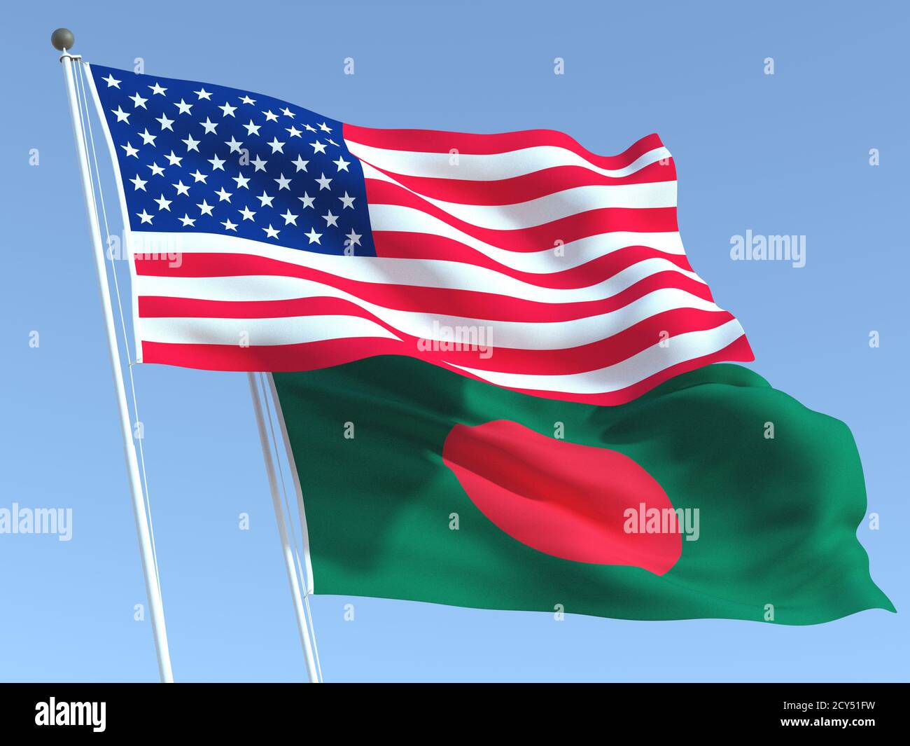 Two waving state flags of United States and Bangladesh on the blue sky ...