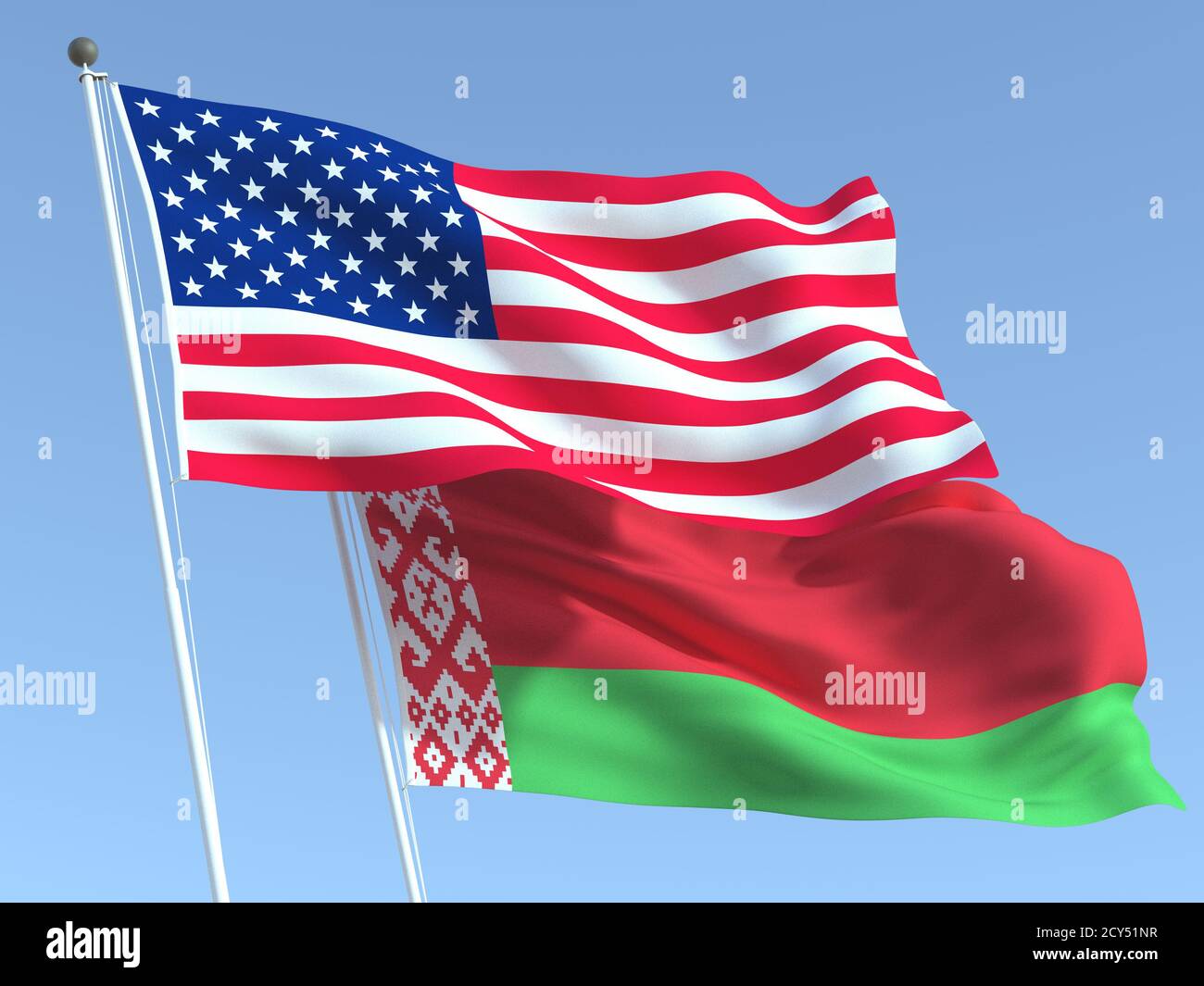 Two waving state flags of United States and Belarus on the blue sky ...
