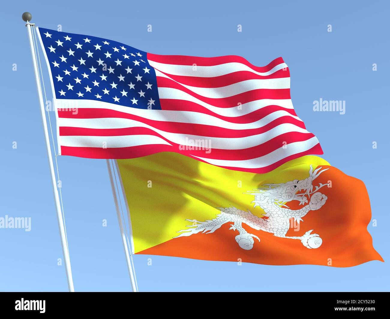 Two waving state flags of United States and Bhutan on the blue sky ...