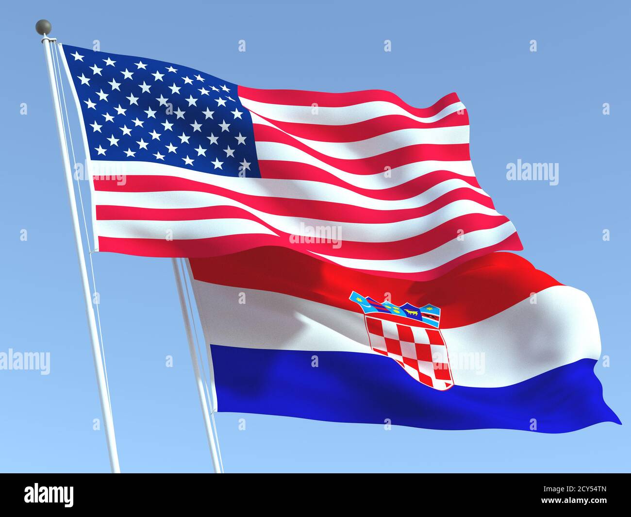 Two waving state flags of United States and Croatia on the blue sky ...