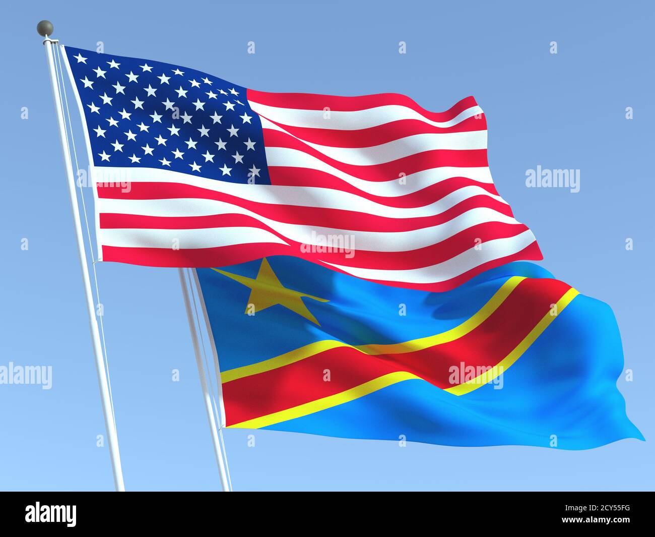 Two waving state flags of United States and DR Congo on the blue sky. High - quality business background. 3d illustration Stock Photo