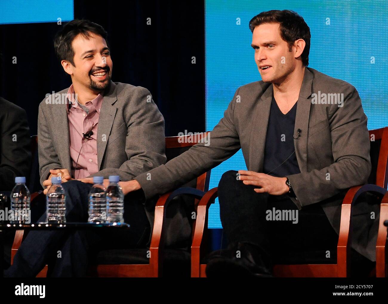 Actors Lin-Manuel Miranda (L) and Steven Pasquale (R) take part in a panel discussion of NBC Universal's series 'Do No Harm' during the 2013 Winter Press Tour for the Television Critics Association in Pasadena, California January 6, 2013. REUTERS/Gus Ruelas (UNITED STATES - Tags: ENTERTAINMENT) Stock Photo
