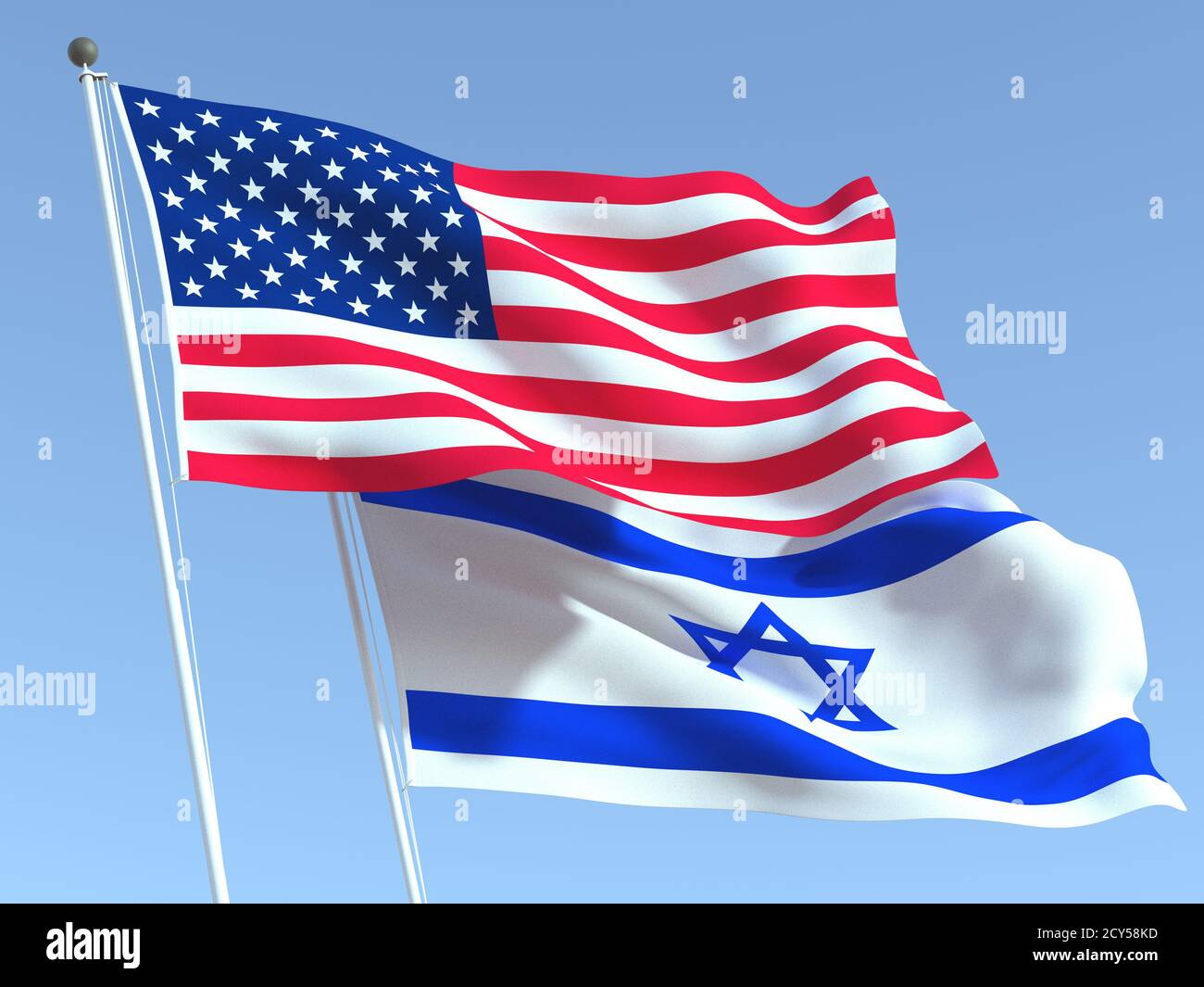 Two waving state flags of United States and Israel on the blue sky ...