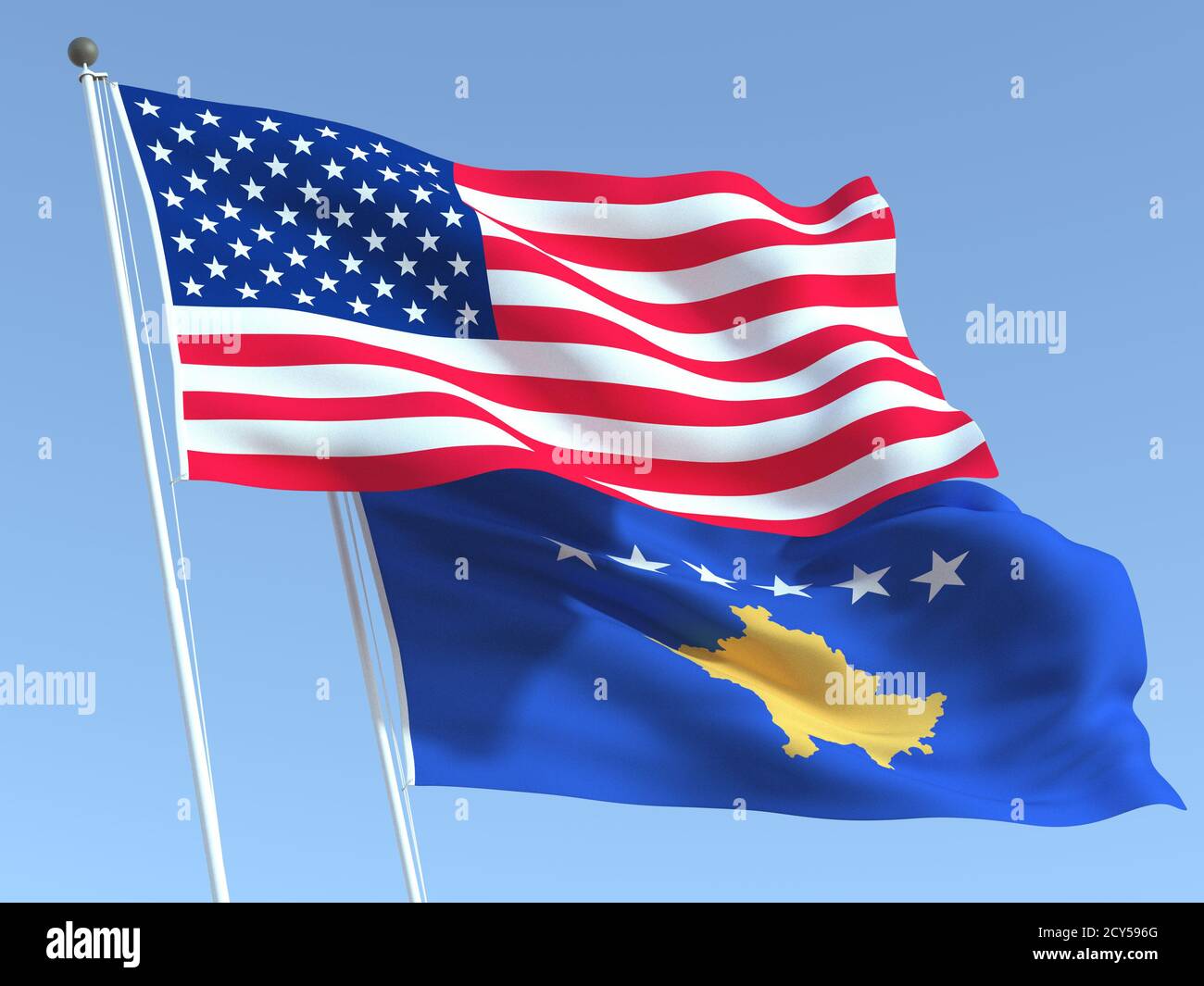 Two waving state flags of United States and Kosovo on the blue sky ...