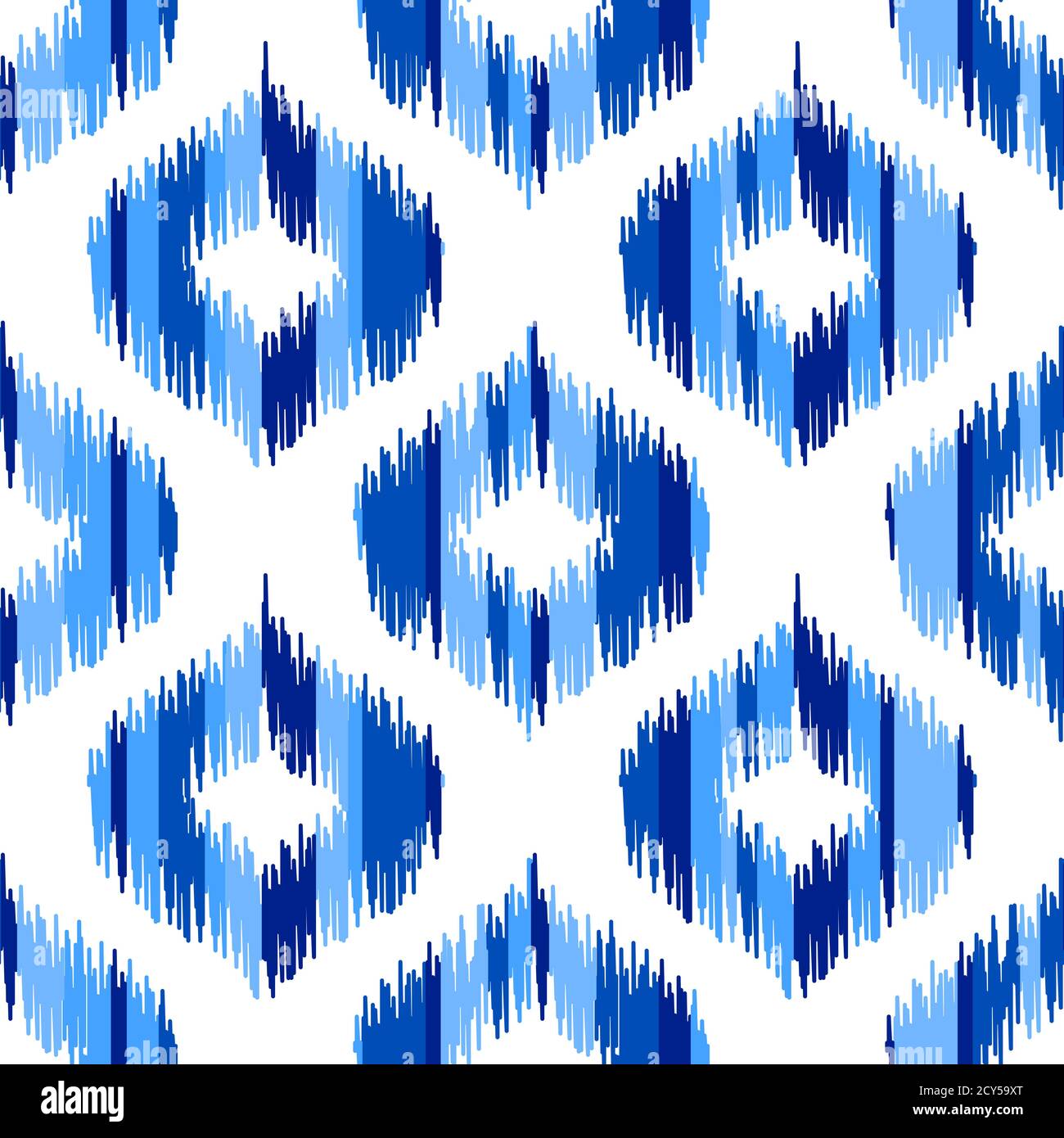 Uzbek ikat silk fabric pattern, indigo blue and white colors. Seamless geometric pattern, based on ikkat fabric style. Vector illustration. Carpet rug Stock Vector