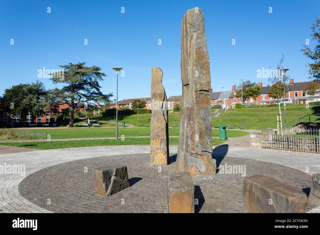 Stone sculptures, Central Park, King Square, Barry (Y Barri), Vale of Glamorgan, Wales, United Kingdom Stock Photo