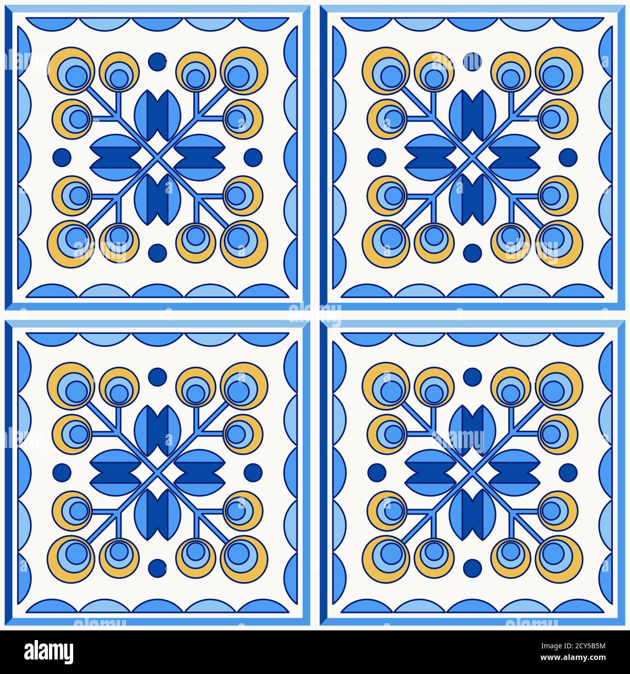 Traditional Portugal Lisbon azulejo ceramic tiles. Vector illustration. Yellow, blue and white colors. Four floor tiles set. Seamless vector pattern. Stock Vector