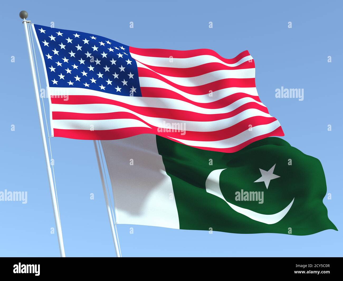 Two waving state flags of United States and Pakistan on the blue sky. High - quality business background. 3d illustration Stock Photo