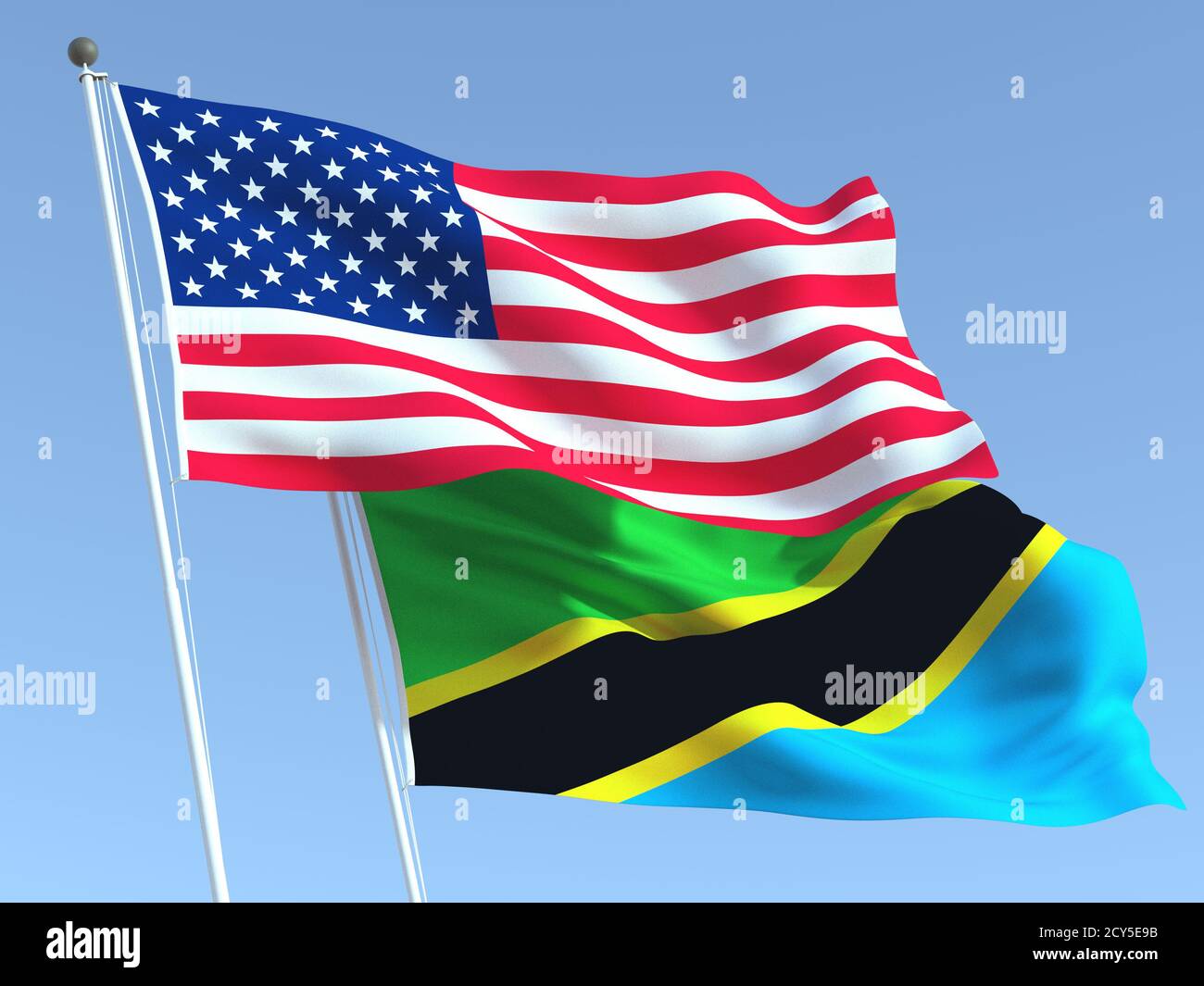 Two waving state flags of United States and Tanzania on the blue sky ...