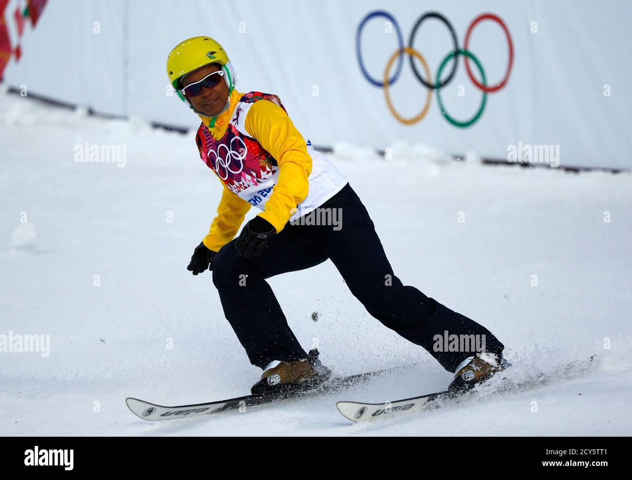 Brazil's Joselane Santos reacts during the women's freestyle skiing aerials qualification round at the 2014 Sochi Winter Olympic Games in Rosa Khutor February 14, 2014. Santos was the only woman in aerials qualifying to take off from the smallest of the six ramps, perform the simplest jump, finish last and promptly burst into tears. Considering the Brazilian former gymnast had strapped on skis for the first time only seven months ago, though, she could rightly consider executing two clean jumps on the Extreme Park hill an Olympic triumph.  REUTERS/Mike Blake (RUSSIA  - Tags: SPORT OLYMPICS SPO Stock Photo