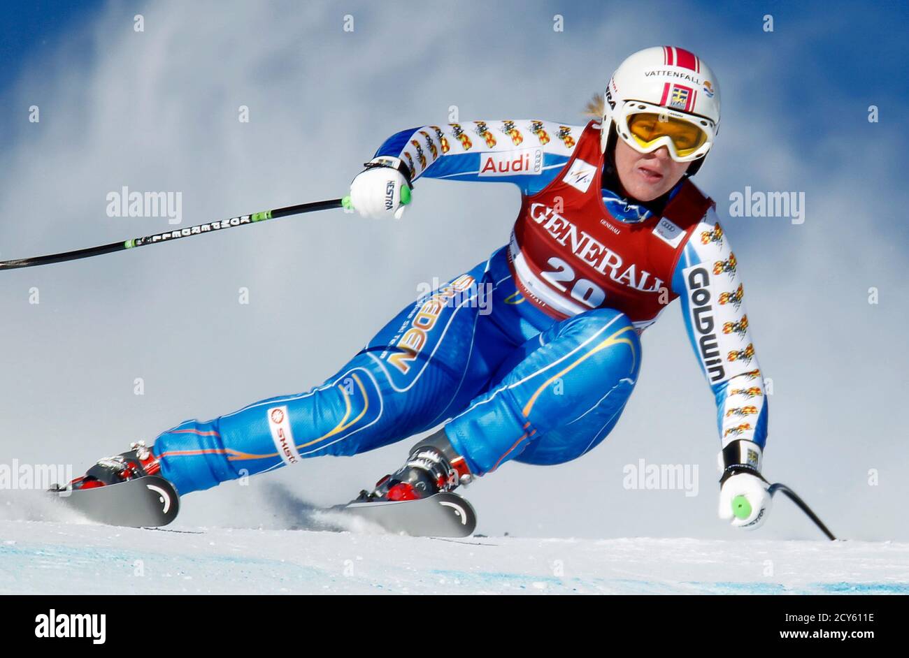Swedish skier Anja Paerson makes a turn during alpine skiing at the Women's World Cup Downhill  in Lake Louise, Alberta December 4, 2010.  REUTERS/Mike Blake (CANADA - Tags: SPORT SKIING) Stock Photo