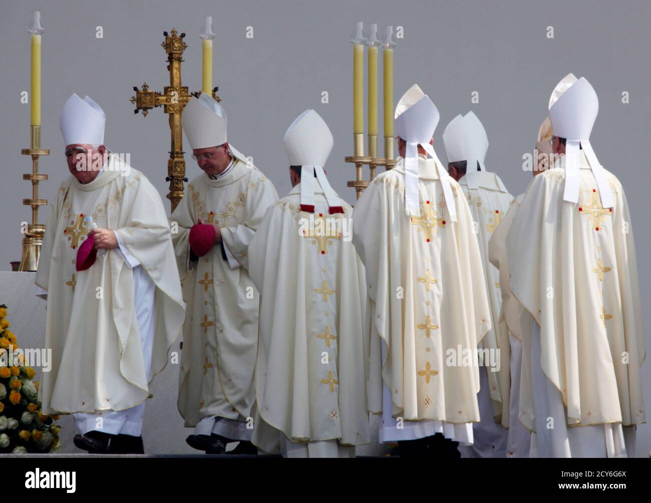 Roman Catholic bishops arrive to a solemn mass led by Pope Benedict XVI in  Zagreb June 5, 2011. The Pope is on a two-day visit to Croatia.  REUTERS/Nikola Solic (CROATIA - Tags: