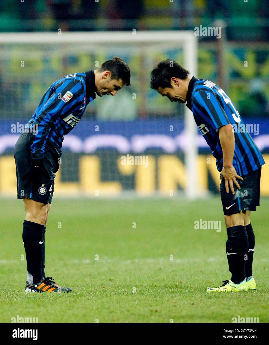 Inter Milan S Javier Zanetti L And Teammate Yuto Nagatomo Bow To Celebrate Their Team S Third Goal Against Lecce During Their Italian Serie A Soccer Match At The San Siro Stadium In Milan