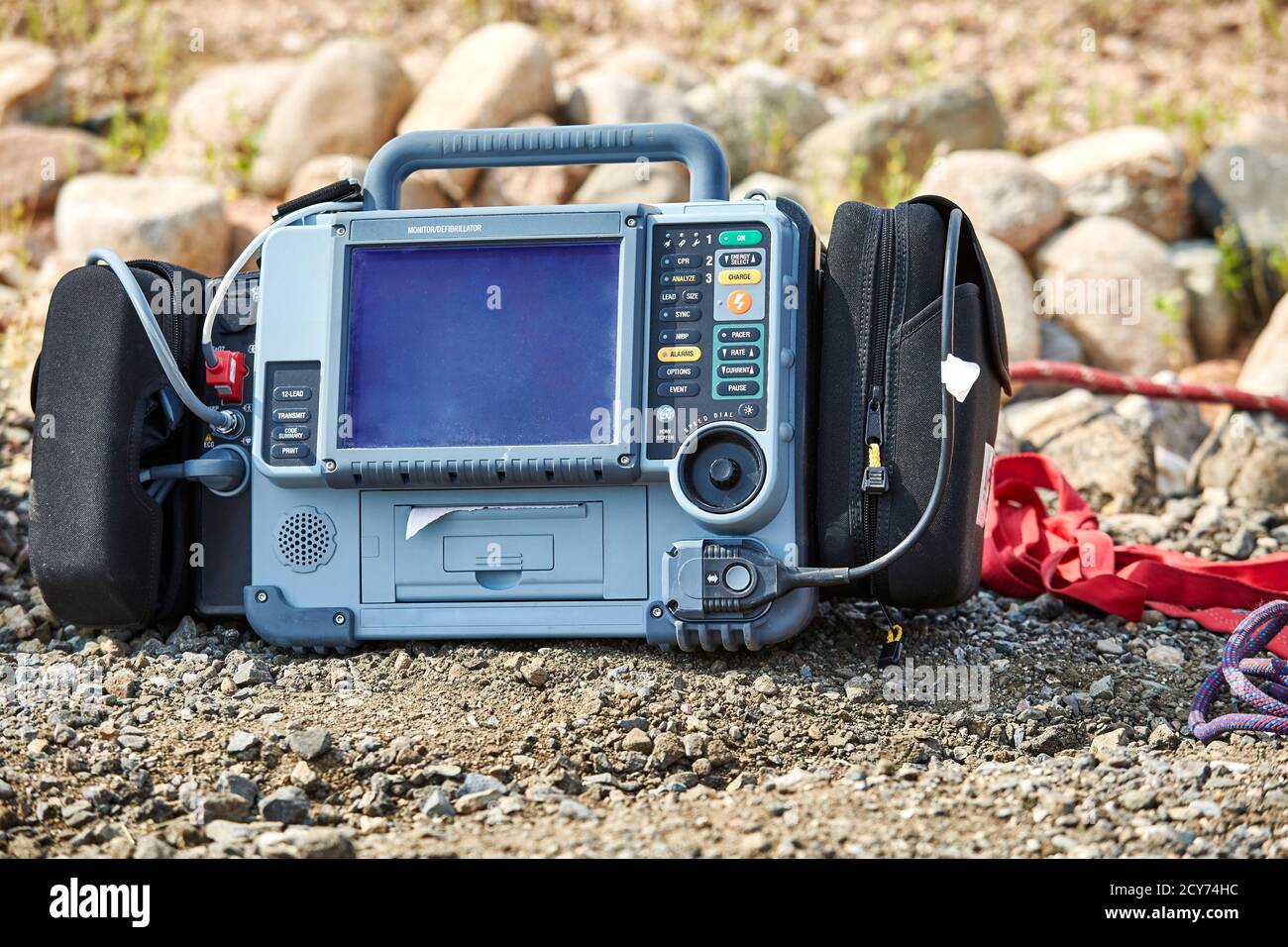 Defibrillator sitting on the ground during paramedic training class ...
