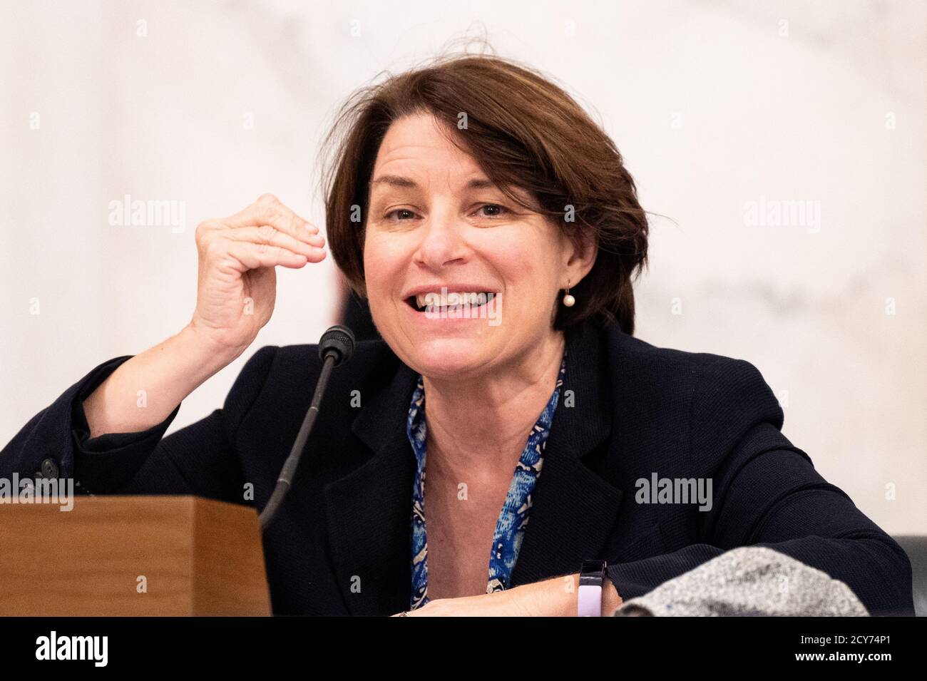 U.S. Senator Amy Klobuchar (D-MN) speaks at a meeting of the Senate Judiciary Committee. Stock Photo