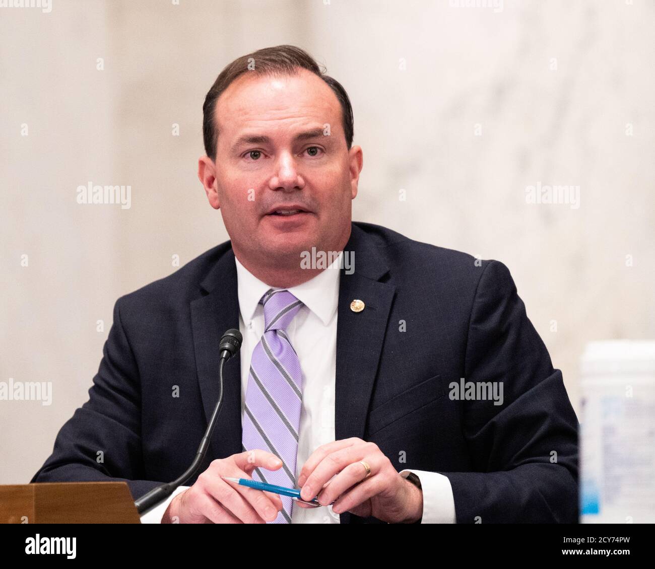 U.S. Senator Mike Lee (R-UT) speaks at a meeting of the Senate Judiciary Committee. Stock Photo