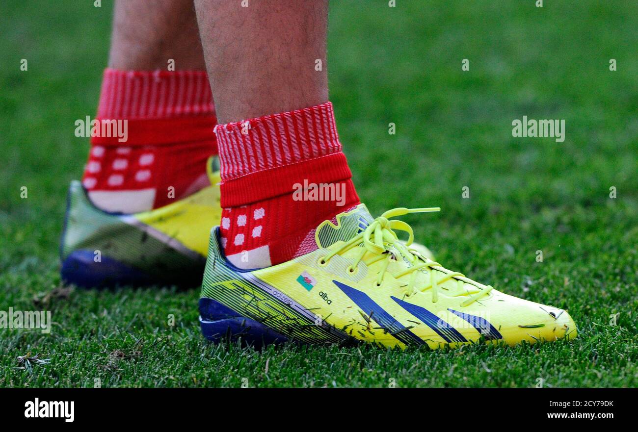 Wales' Gareth Bale's shoes and socks are seen before their 2014 World Cup  qualifying soccer match
