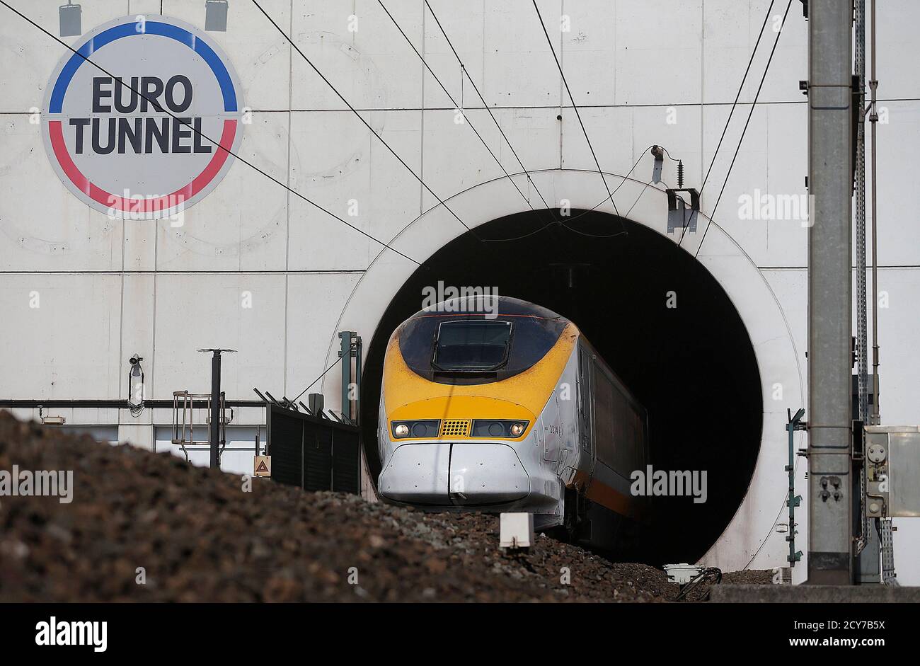 A high-speed Eurostar train exits the Channel tunnel in Coquelles, near  Calais, May 5, 2014. Eurotunnel prepares to celebrate the 20th anniversary  of the Channel Tunnel inauguration. The Channel Tunnel or Euro