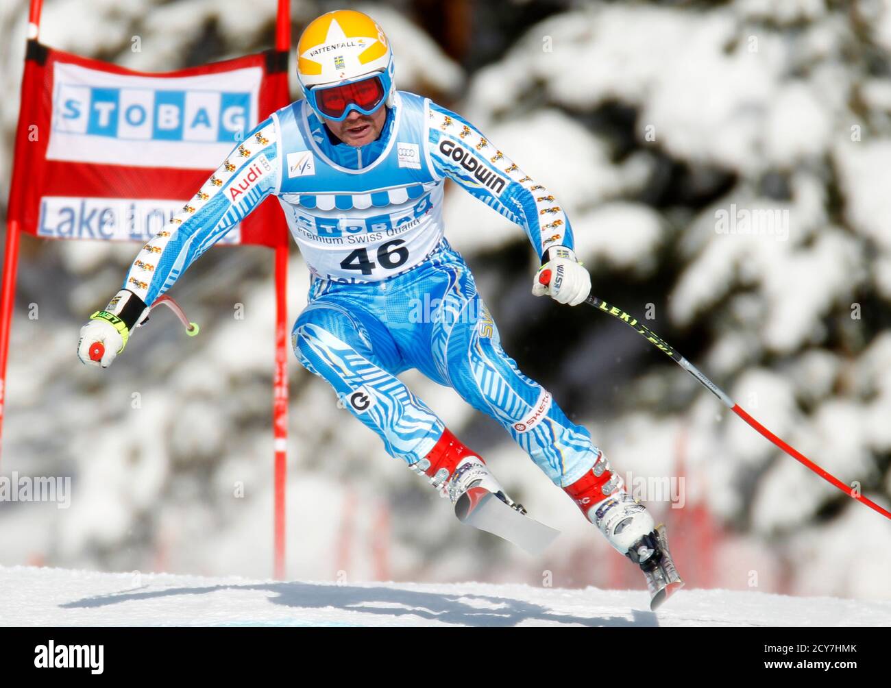 Patrik Jaerbyn of Sweden makes a turn during alpine skiing training for the Men's World Cup Downhill in Lake Louise, Alberta November 24, 2011.    REUTERS/Mike Blake     (CANADA - Tags: SPORT SKIING) Stock Photo