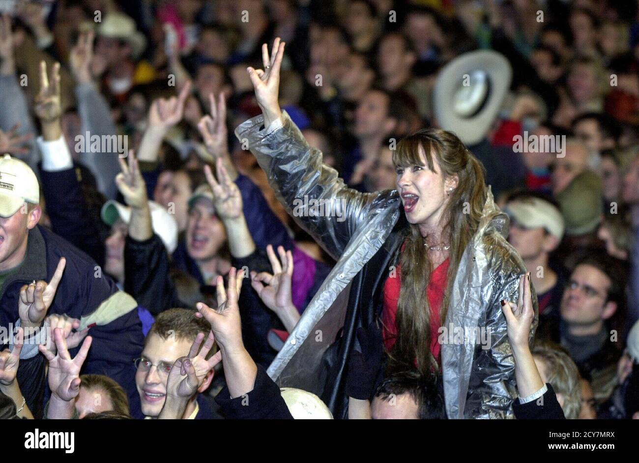 Austin, Texas 08NOV00:  Rowdy crowd in downtown Austin, Texas at 11th and Congress celebrates Texas Governor George W. Bush's early lead in the U.S. presidential race. The race was too close to call early Wednesday.  Photo by Bob Daemmrich/  2000 Stock Photo
