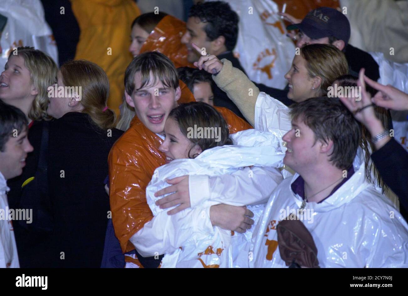 Austin, Texas 08NOV00:  A large crowd gathers in the rain in downtown Austin, Texas at 11th and Congress to celebrate Texas Governor George W. Bush's early lead in the U.S. presidential race. The race was too close to call early Wednesday. ©Bob Daemmrich Stock Photo
