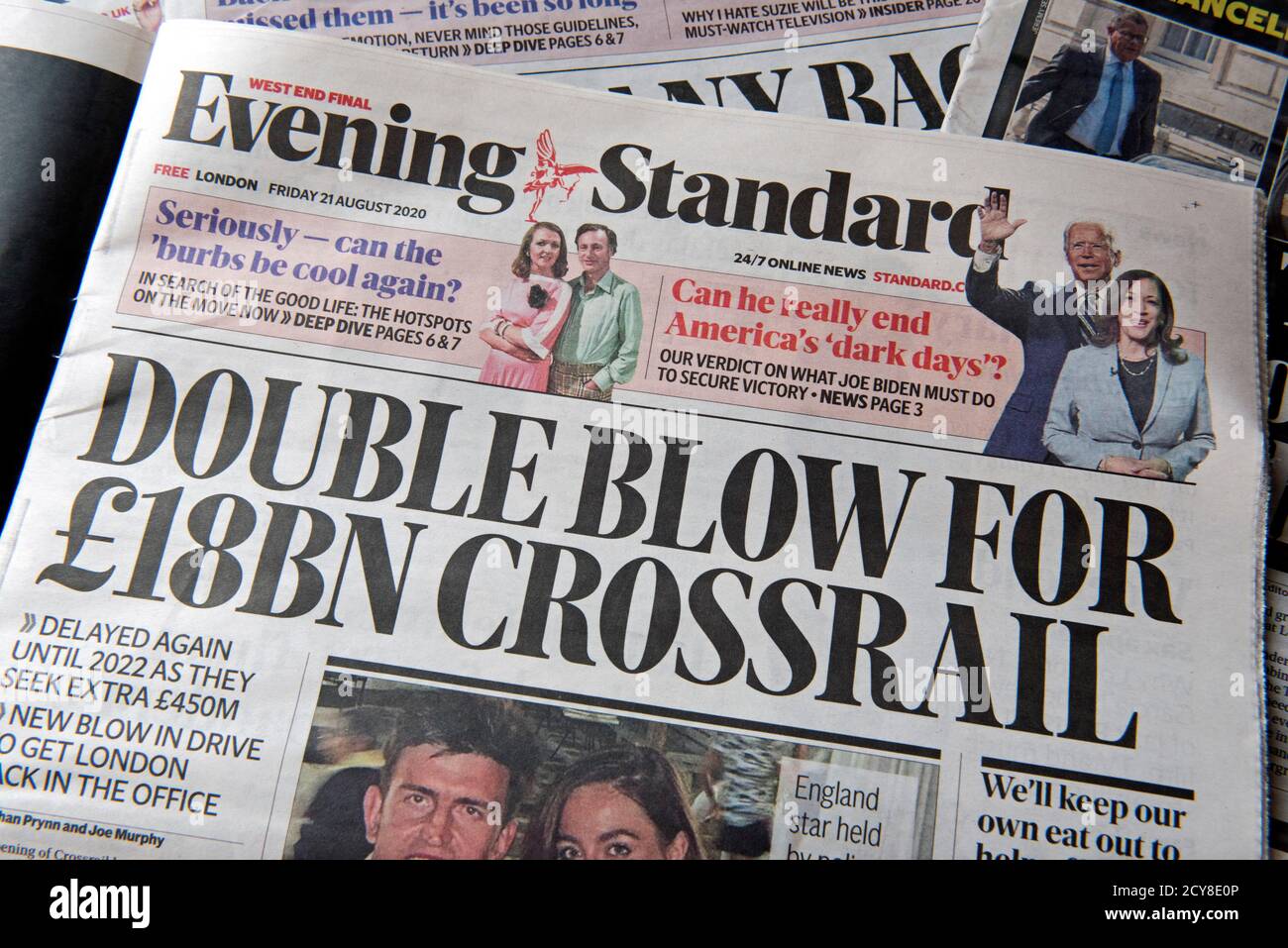 Evening Standard headline - Double Blow for £18BN Crossrail - dated 21st August 2020 Stock Photo