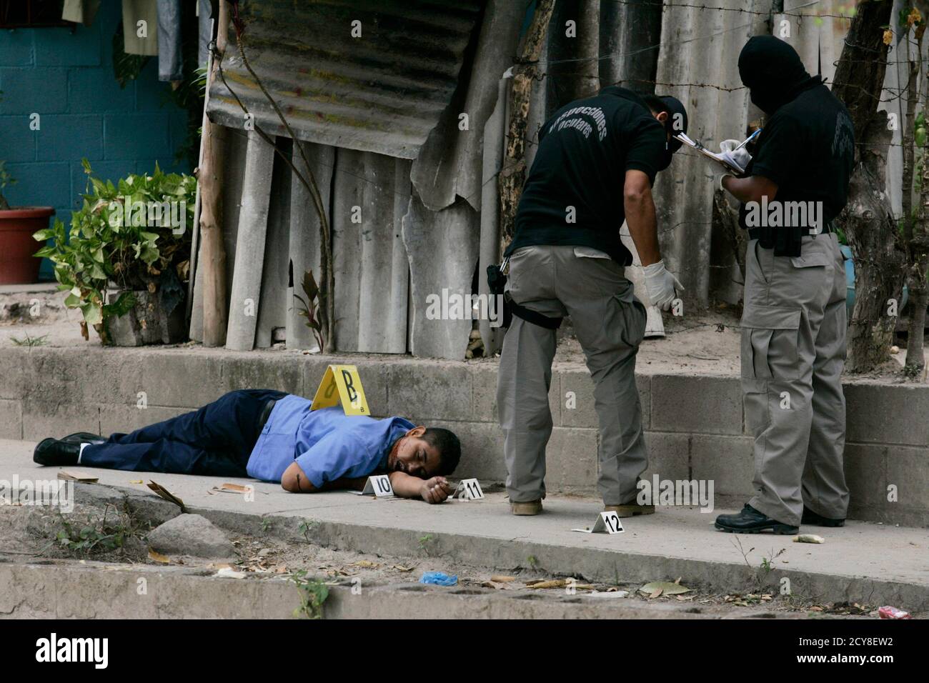ATTENTION EDITORS - VISUALS COVERAGE OF SCENES OF DEATH AND INJURY Researchers at the National Civil Police (PNC) collect evidence from the crime scene where two employees of a company produces and markets bottled water were killed, in the city of Tonacatepeque, 10 km (6 miles) north of San Salvador, February 2, 2011. According to the police, 361 homicide cases have been reported in the country in the month of January. REUTERS/Luis Galdamez (EL SALVADOR - Tags: CRIME LAW) Stock Photo