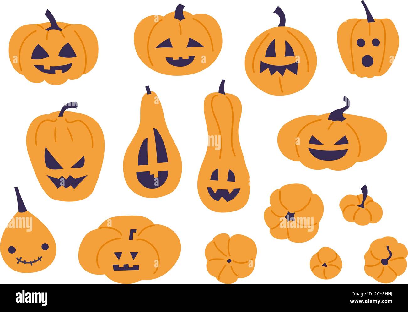 Set of vector illustrations for Halloween design isolated on a white background. Pumpkin collection. Scary, smiling, funny orange pumpkins. Stock Vector
