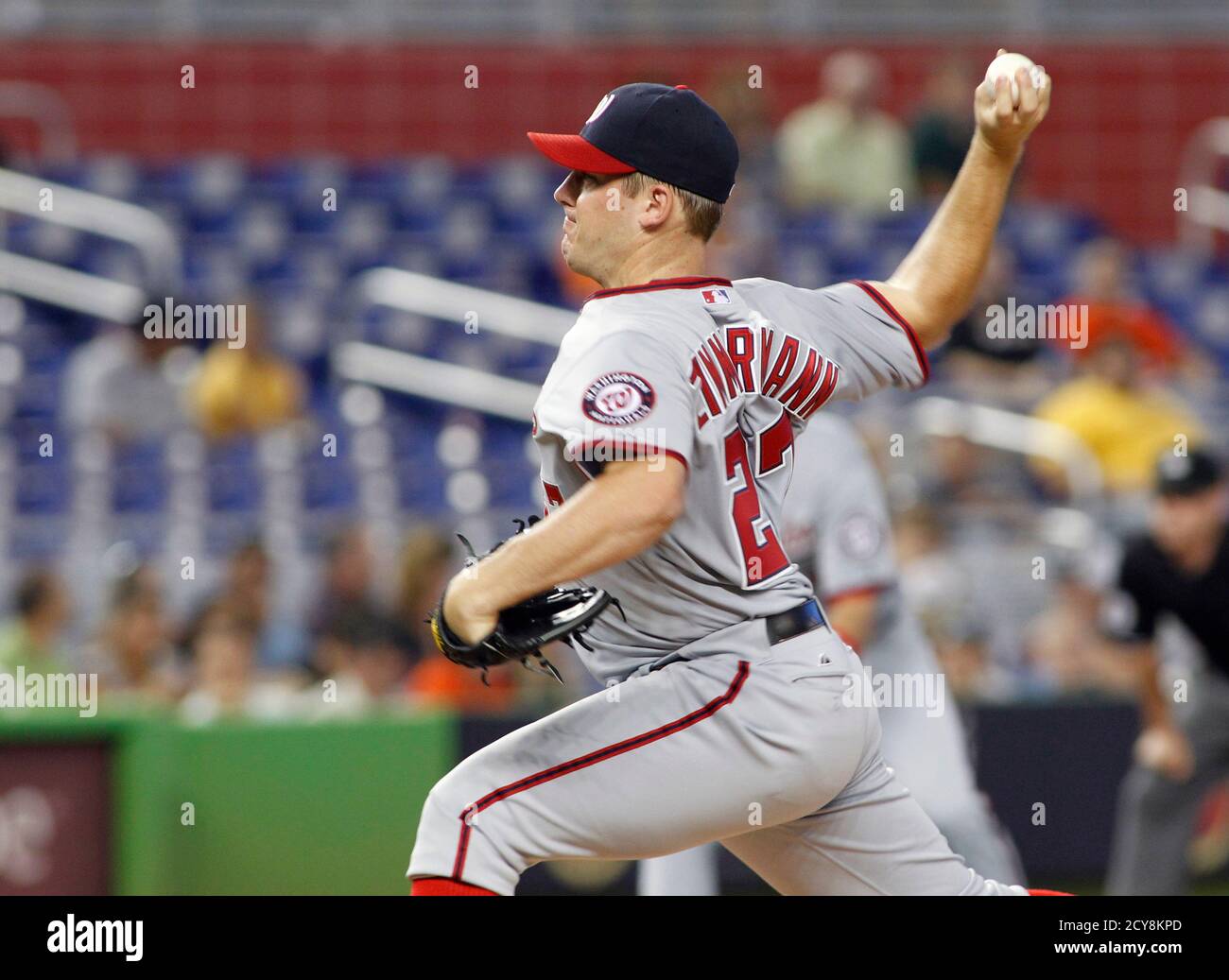 Washington Nationals starting pitcher Jordan Zimmermann throws against the Miami Marlins in the first inning during their MLB National League baseball game in Miami, Florida July 13, 2012.    REUTERS/Joe Skipper  (UNITED STATES - Tags: SPORT BASEBALL) Stock Photo