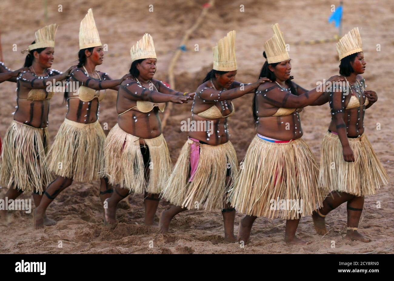 Members of Brazilian indigenous ethnic group Xerente attend the XII Games  of the Indigenous People, in Cuiaba November 14, 2013. Forty eight  Brazilian Indigenous tribes will present their cultural rituals and compete