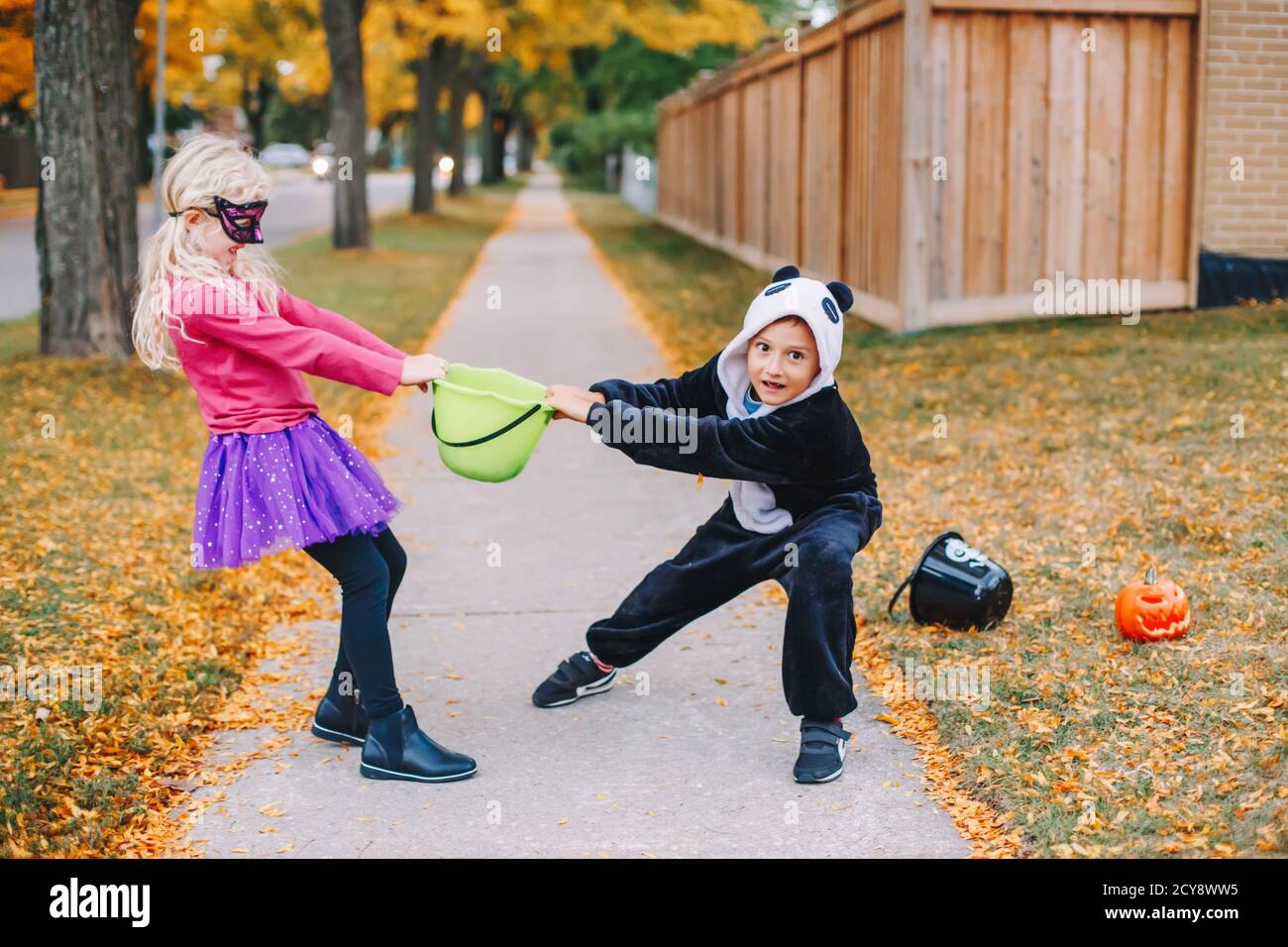 Angry mad children fighting for basket. Funny trick or treat on Halloween holiday. Kids boy and girl friends in party costumes can not share holiday c Stock Photo