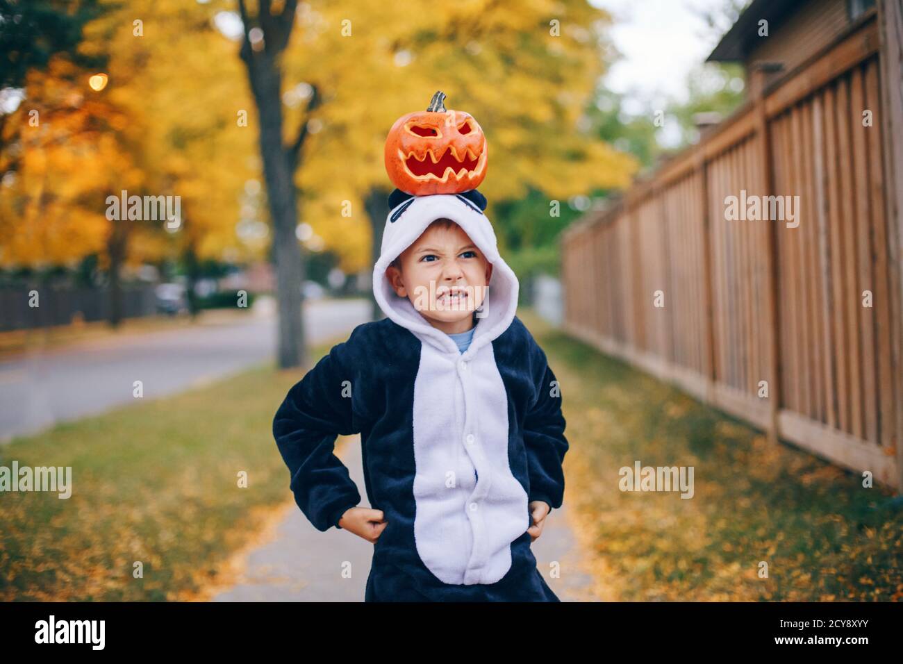 Trick or treat. Funny grumpy angry child boy with red pumpkin on head. Kid going to trick or treat on Halloween holiday. Adorable mad boy in party pan Stock Photo