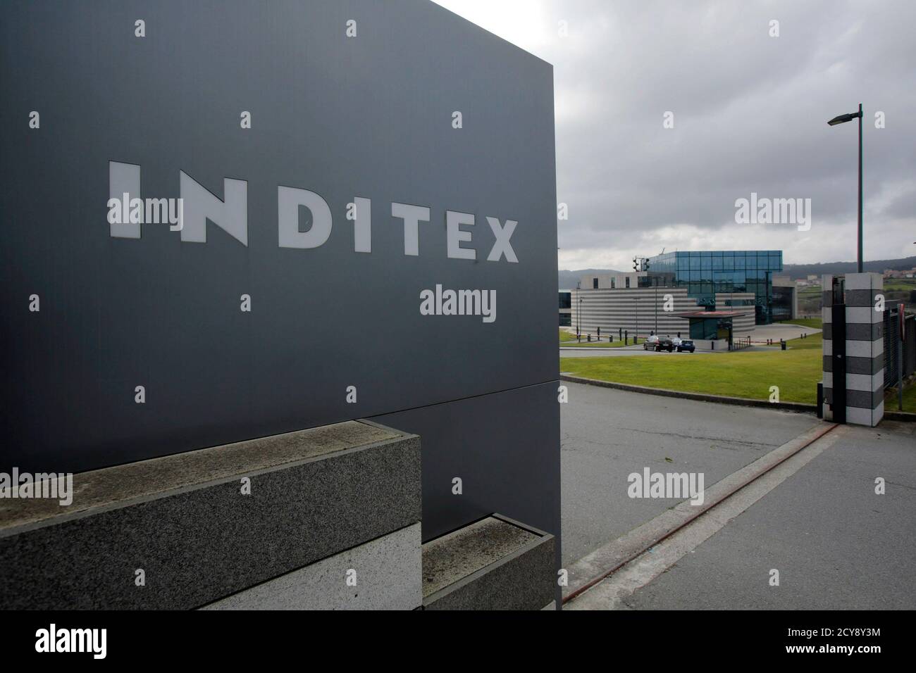 The entrance of the Zara factory, the headquarters of Inditex group, is  seen in Arteixo, northern Spain, March 18, 2015. Spanish group Inditex,  owner of the Zara fashion chain, expects to trim