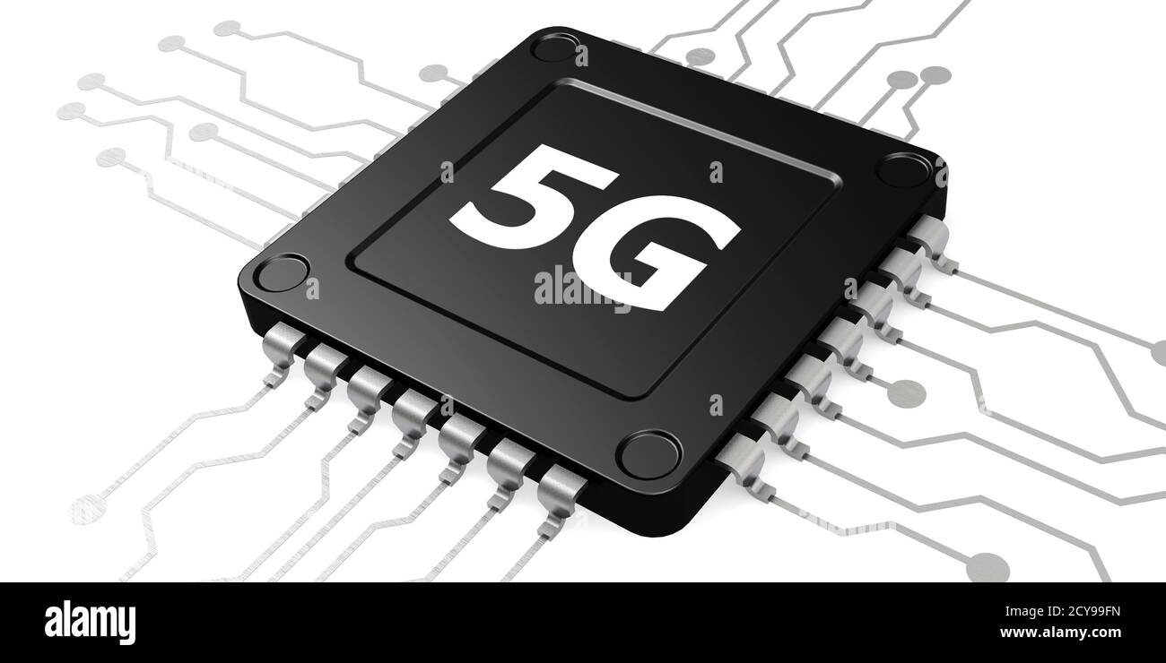 5G chip isolated on white background, 3D rendering Stock Photo