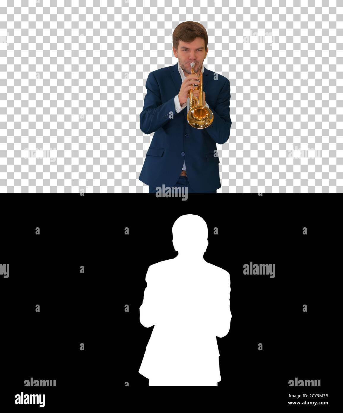 Young man in suit playing a trumpet while walking, Alpha Channel Stock Photo