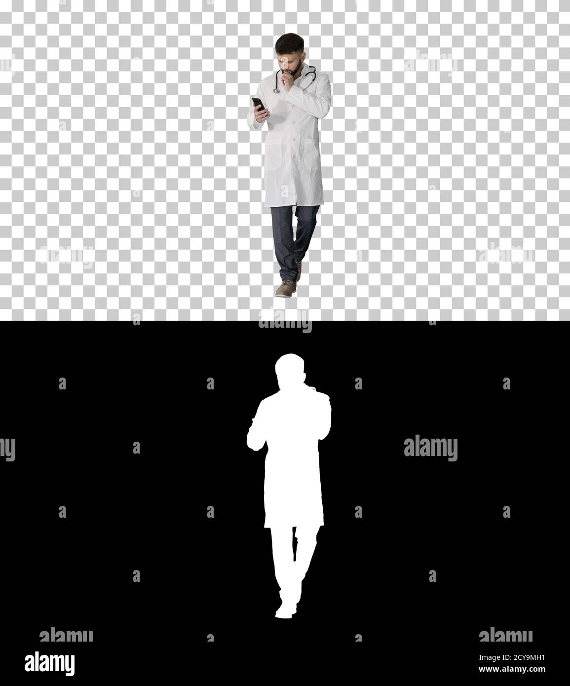 Male doctor in white medical uniform walking and using smartphon Stock Photo