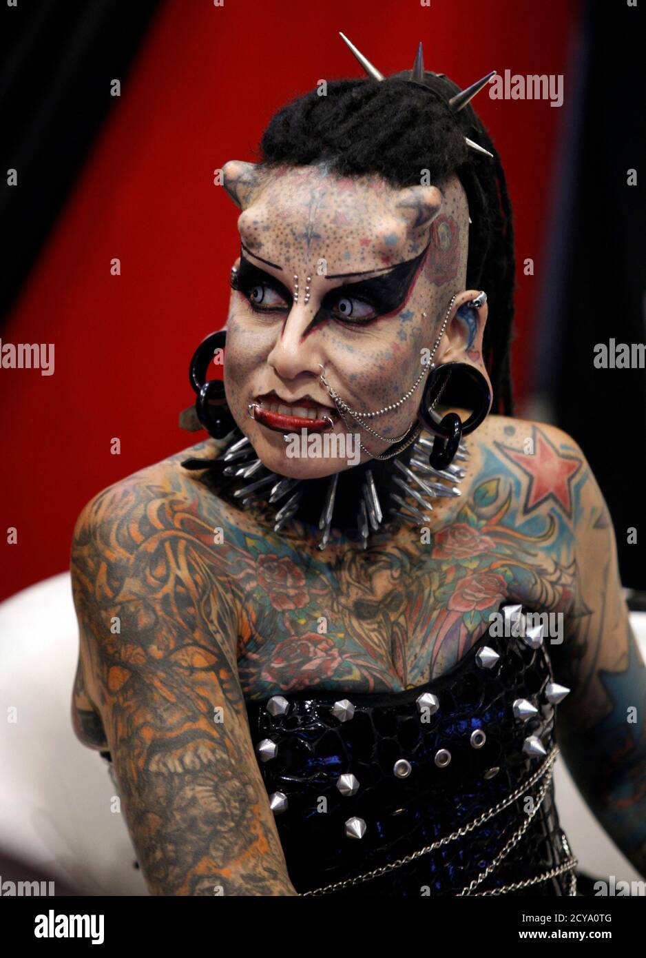 Mexican tattoo artist Maria Jose Cristerna, known as 'Mujer Vampiro' (Vampire  Woman), attends a photo opportunity during the 
