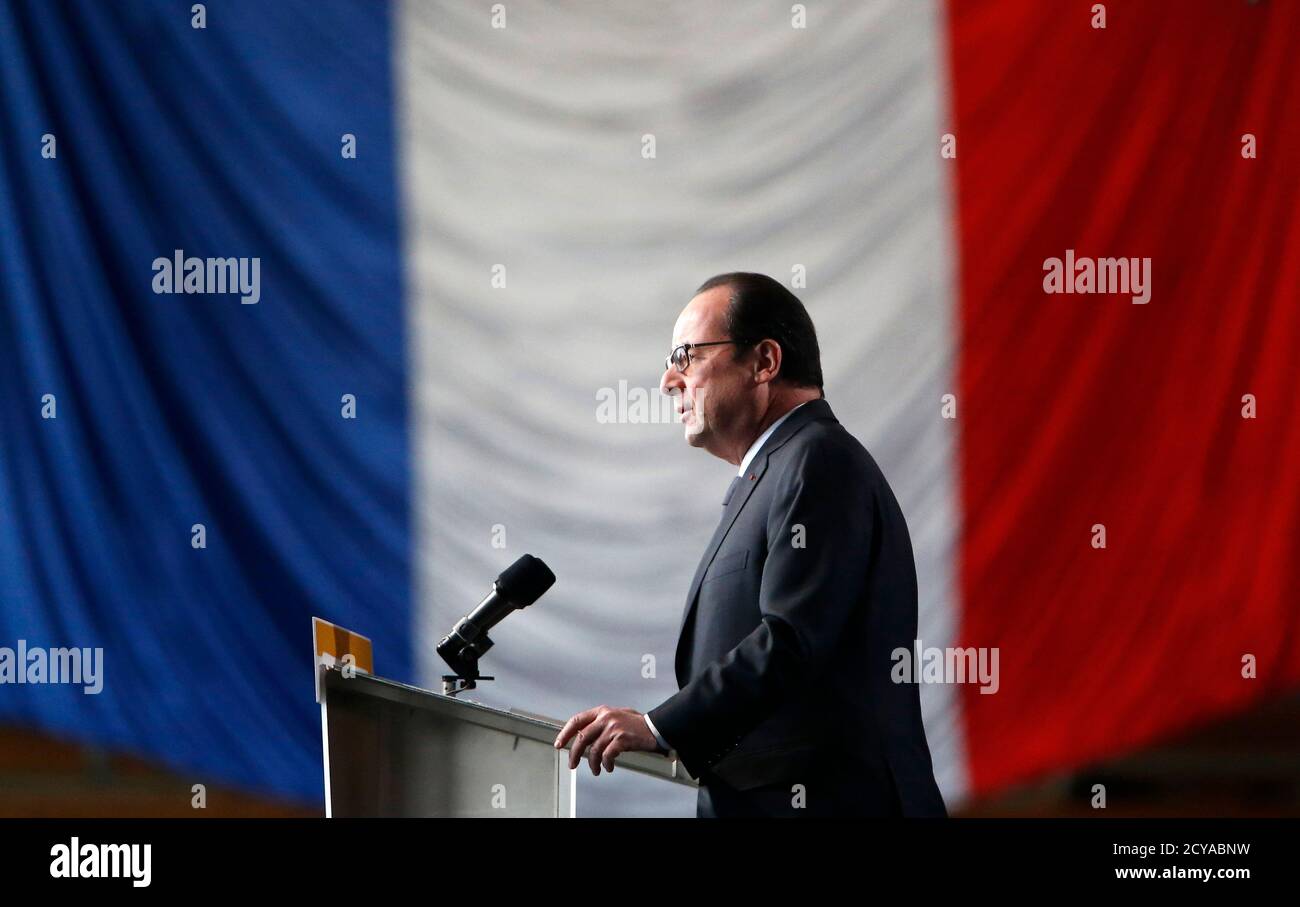 French President Francois Hollande delivers a speech during a visit about nuclear deterrence and strategic Air Force at the military base in Istres, southern France February 19, 2015.   REUTERS/Guillaume Horcajuelo/Pool   (FRANCE - Tags: POLITICS MILITARY) Stock Photo