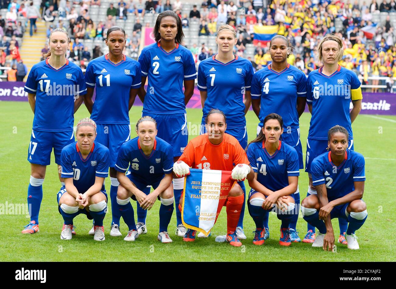 The French team poses before their women's Group G football match against  Colombia at the London 2012 Olympic Games at St James' Park in Newcastle,  northern England July 31, 2012. REUTERS/Nigel Roddis (
