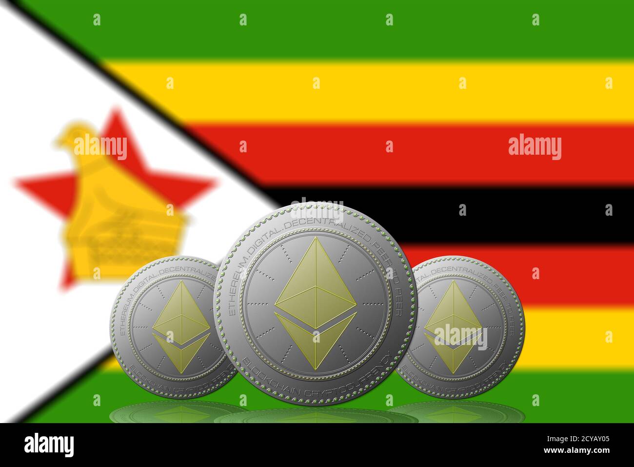 3D ILLUSTRATION Three ETHEREUM cryptocurrency with Zimbabwe flag on  background Stock Photo - Alamy