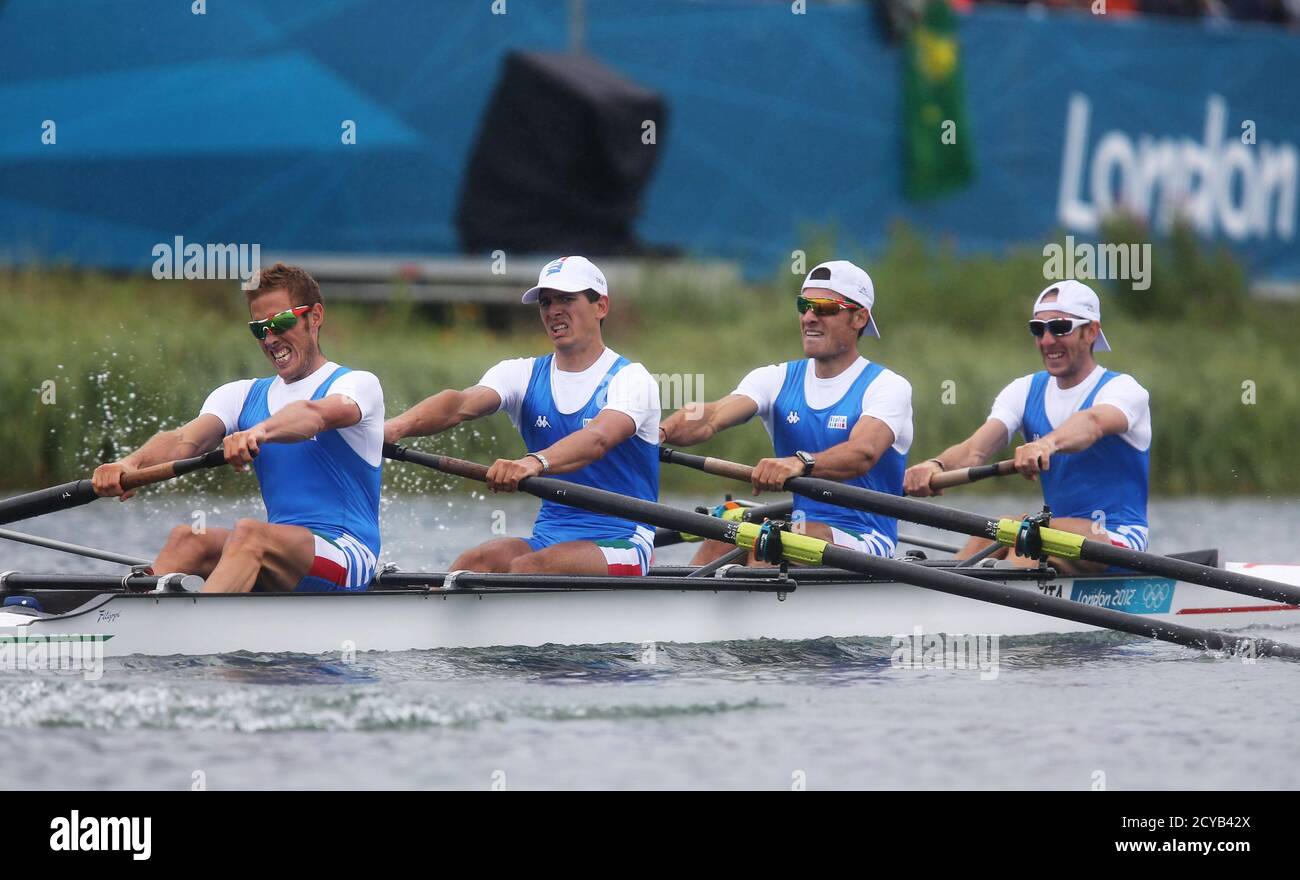 Team Italy rows in the men's lightweight four semifinals at Eton Dorney during the London 2012 Olympic Games July 31, 2012. REUTERS/Sergio Moraes (BRITAIN - Tags: SPORT OLYMPICS ROWING) Stock Photo