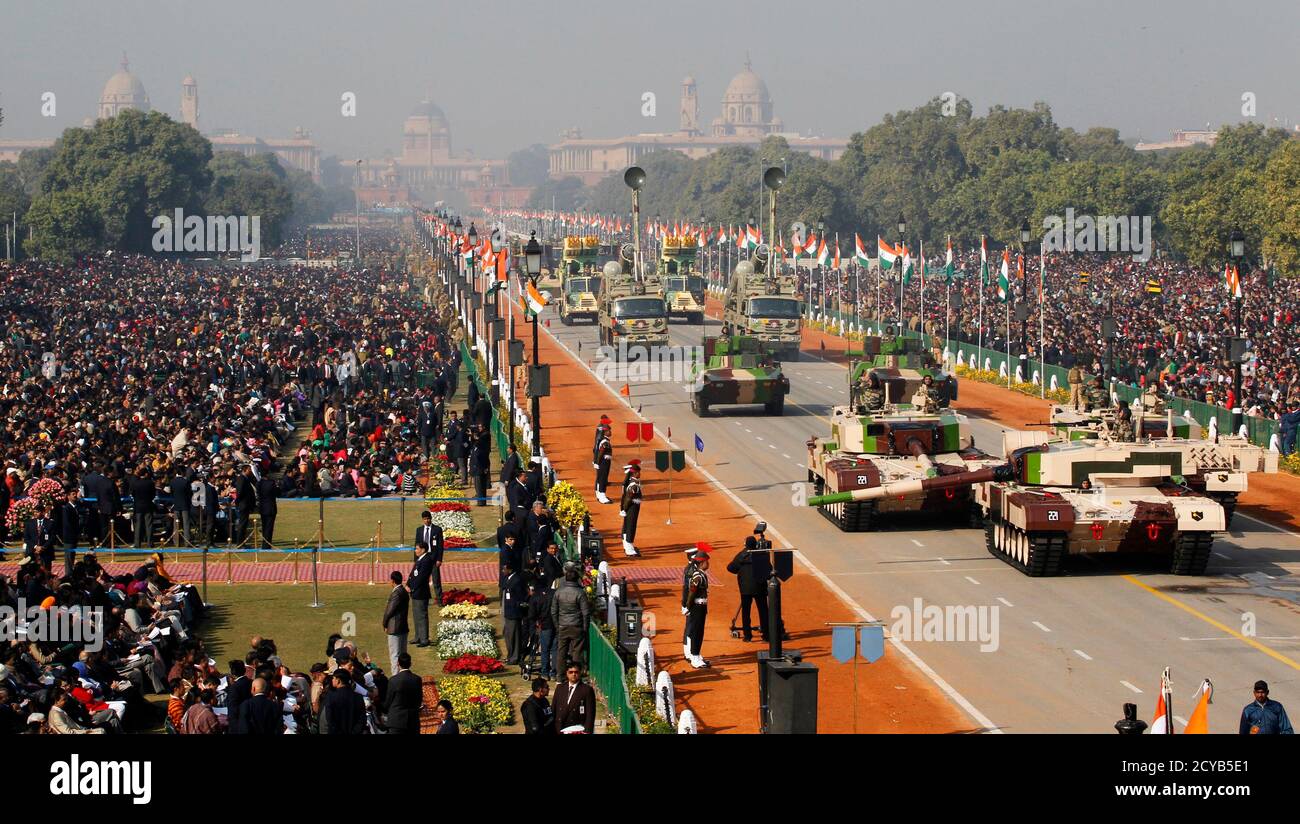 Indian Army's MBT Arjun MK-I tanks are driven for display during the Republic Day parade in New Delhi January 26, 2013. India celebrated its 64th Republic Day on Saturday. REUTERS/B Mathur (INDIA - Tags: ANNIVERSARY MILITARY) Stock Photo