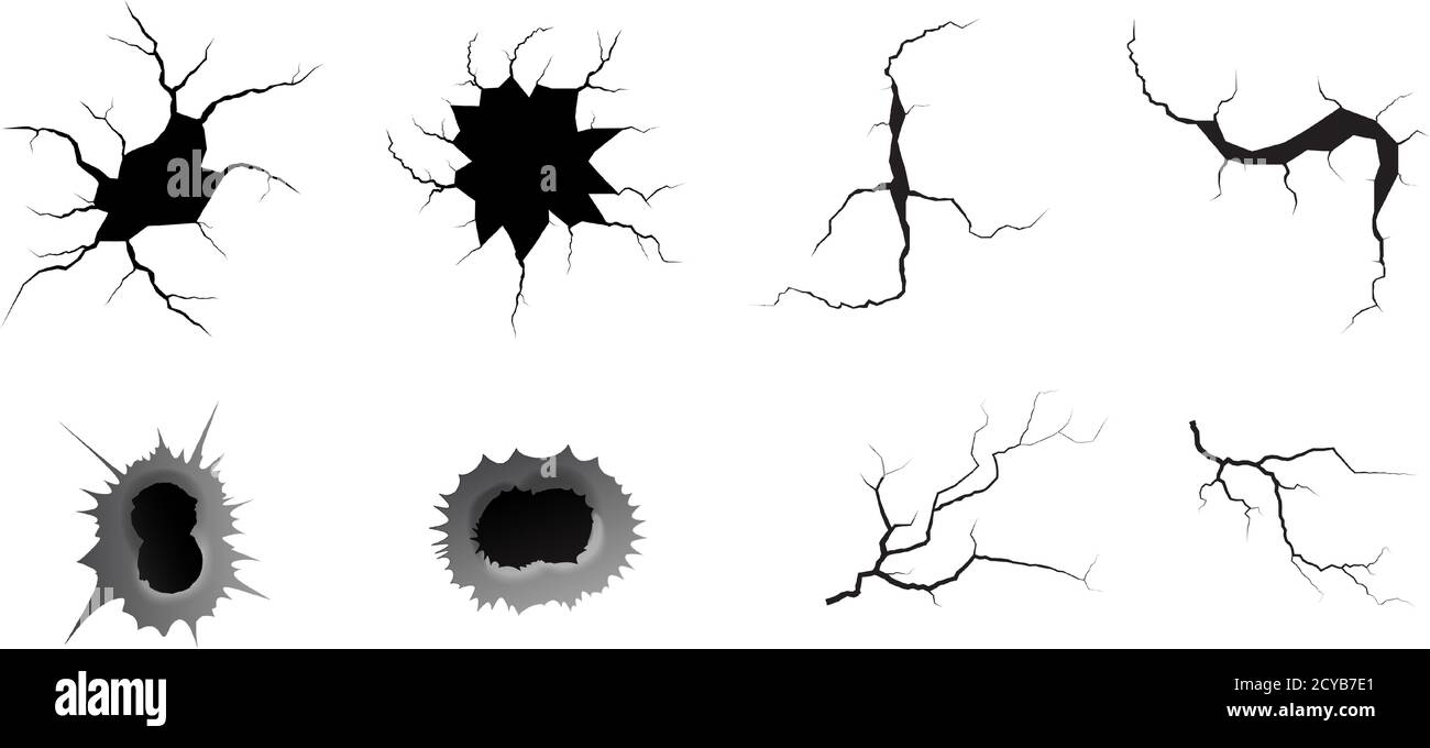 Bullet hole and ground cracks set. Metal single and double bullet hole, damage effect