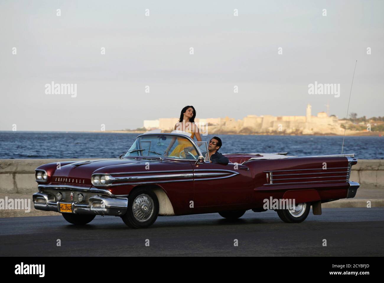 Bollywood Star Salman Khan R Drives With Katrina Kaif In A Convertible Car On Havana S Seafront Boulevard El Malecon February 15 2012 The Actors Are Working On Scenes For Their Latest Film