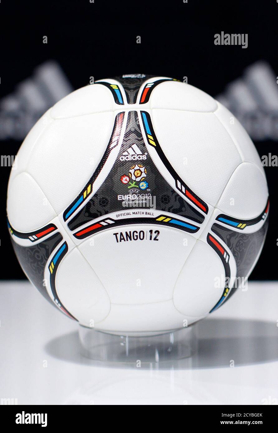 A "Tango 12" soccer ball for the upcoming Euro 2012 soccer tournament is  displayed during a news conference at the sporting goods maker Adidas shop  in Paris May 22, 2012. REUTERS/Gonzalo Fuentes (