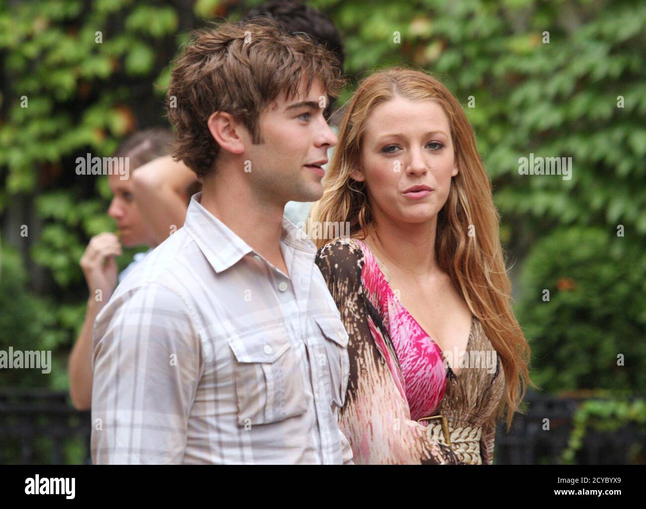 Chace Crawford and Blake Lively filming The CW's 'Gossip Girl' in New York City on July 14, 2010.  Photo Credit: Henry McGee/MediaPunch Stock Photo