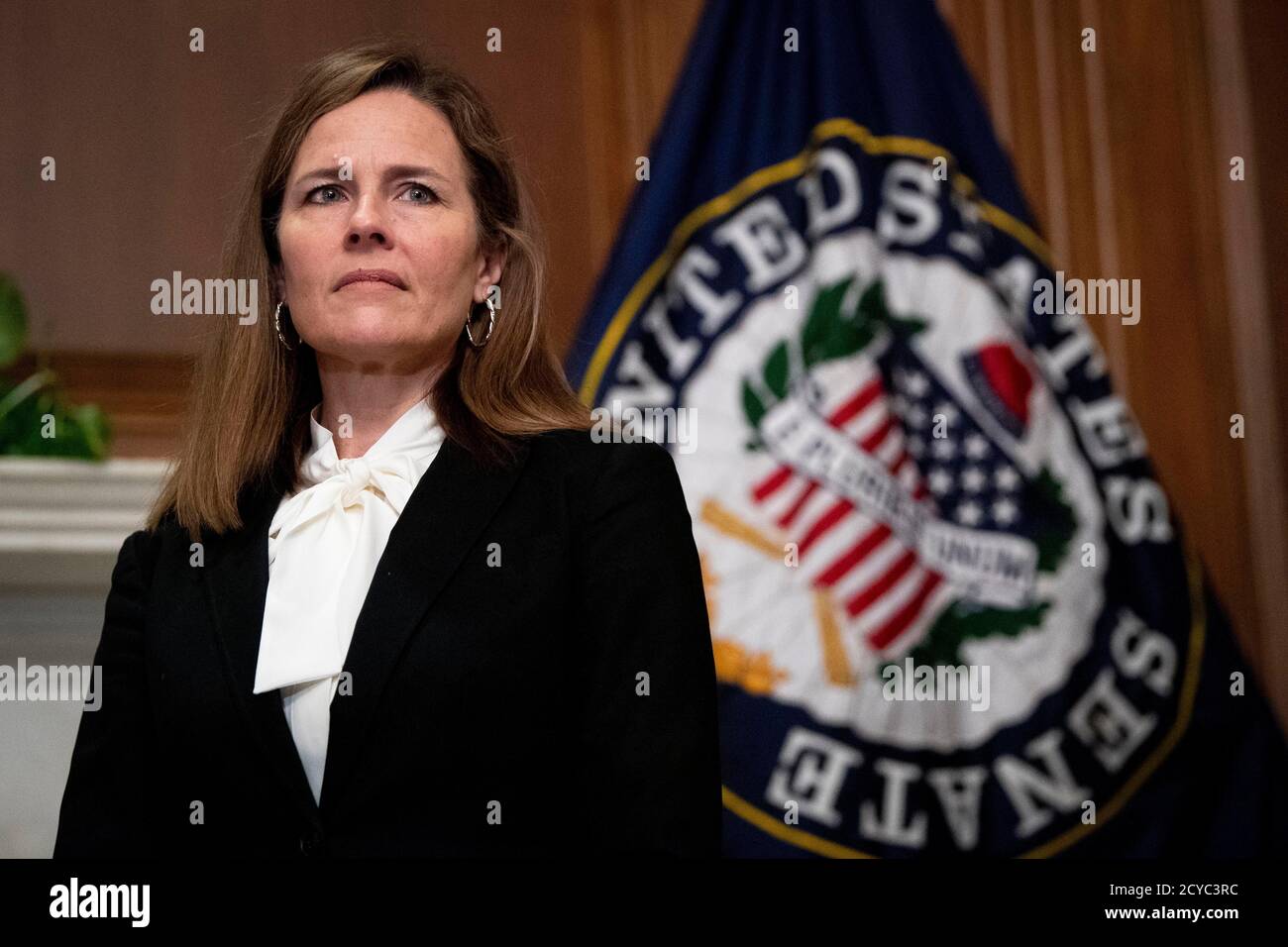 (201002) -- BEIJING, Oct. 2, 2020 (Xinhua) -- Photo taken on Oct. 1, 2020 shows Amy Coney Barrett in Washington, DC, the United States. U.S. President Donald Trump has nominated conservative federal appellate judge Amy Coney Barrett to fill the late U.S. Supreme Court Justice Ruth Bader Ginsburg's seat. Barrett, who sits on the 7th Circuit Court of Appeals in Chicago, met with Republican senators on Capitol Hill on Sept. 29, as her confirmation process is underway. (Caroline Brehman/Pool via Xinhua) Stock Photo