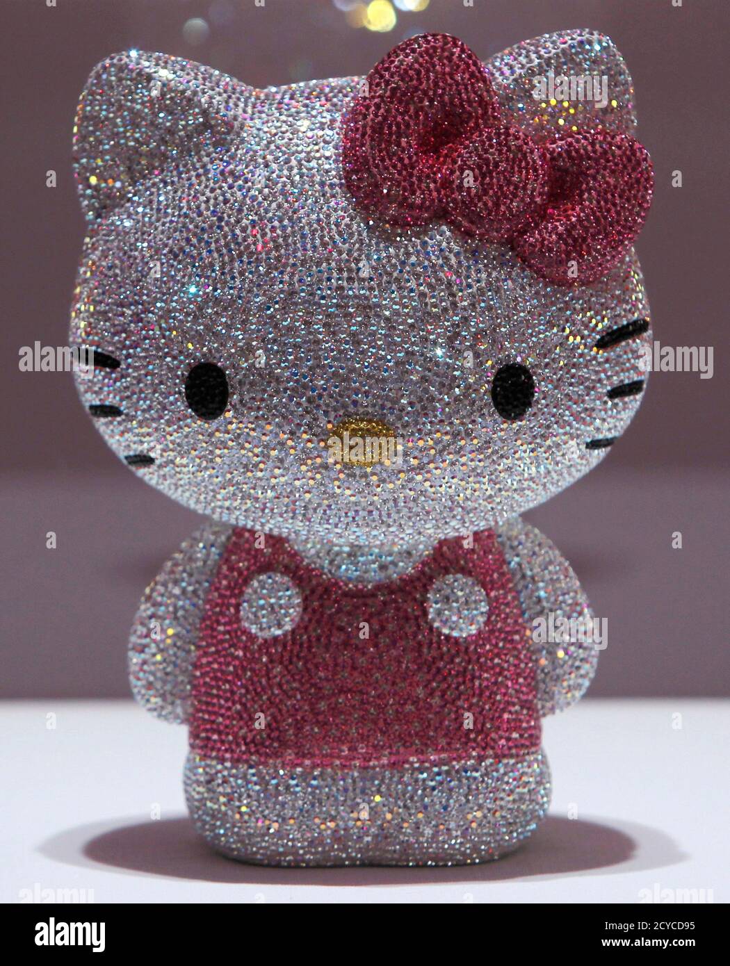 A Hello Kitty figurine, studded with a total of 19,636 Swarovski crystals,  is displayed during a press preview of Swarovski's Hello Kitty collection  at an event entitled 